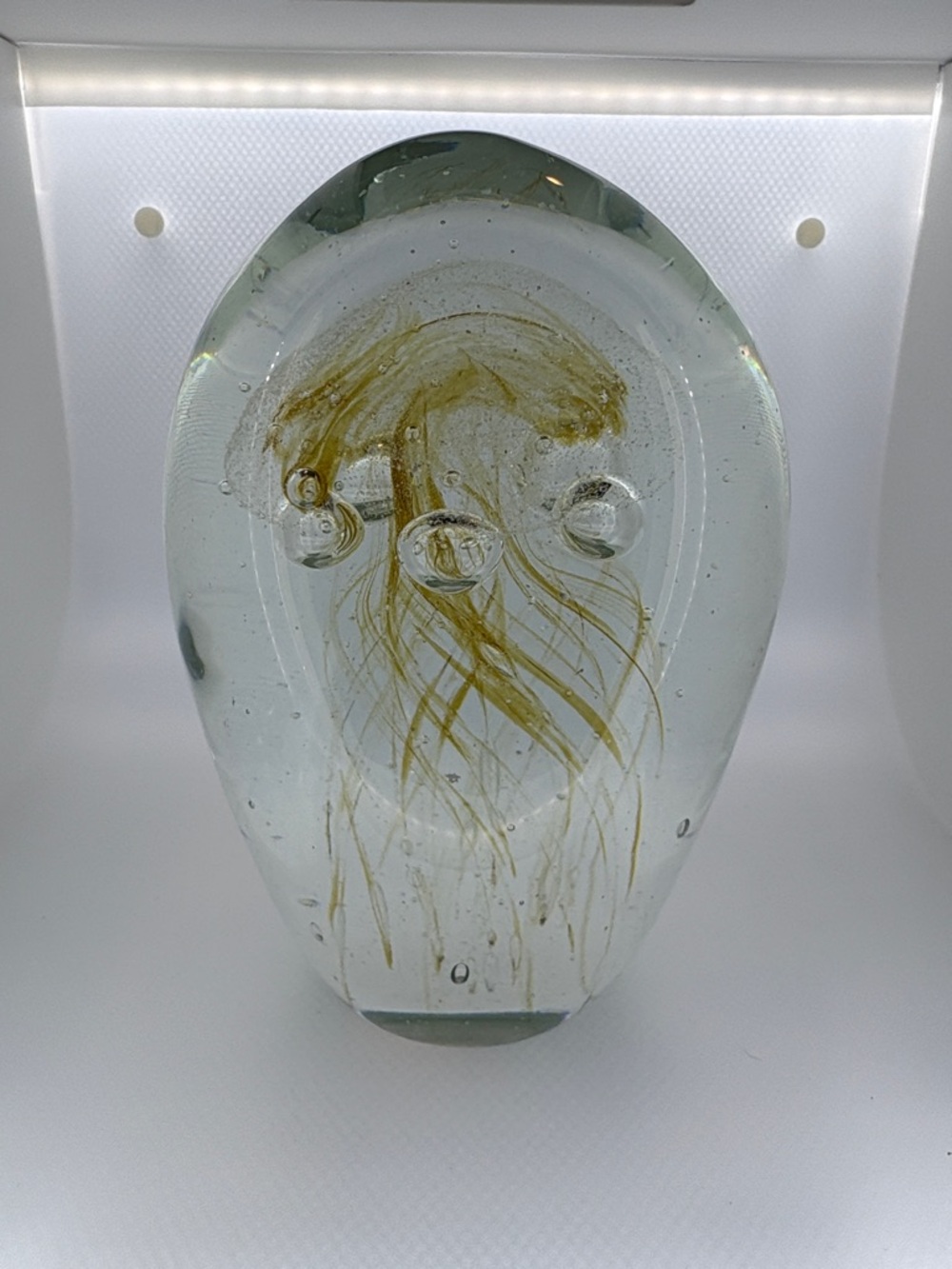 Clear Glass Jellyfish Paperweight - White & Yellow Jelly - Glows w/ a Blacklight